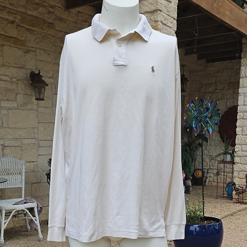 Mens Polo Ralph Lauren Cream Cotton Long Sleeve Polo Shirt Pony Logo XL